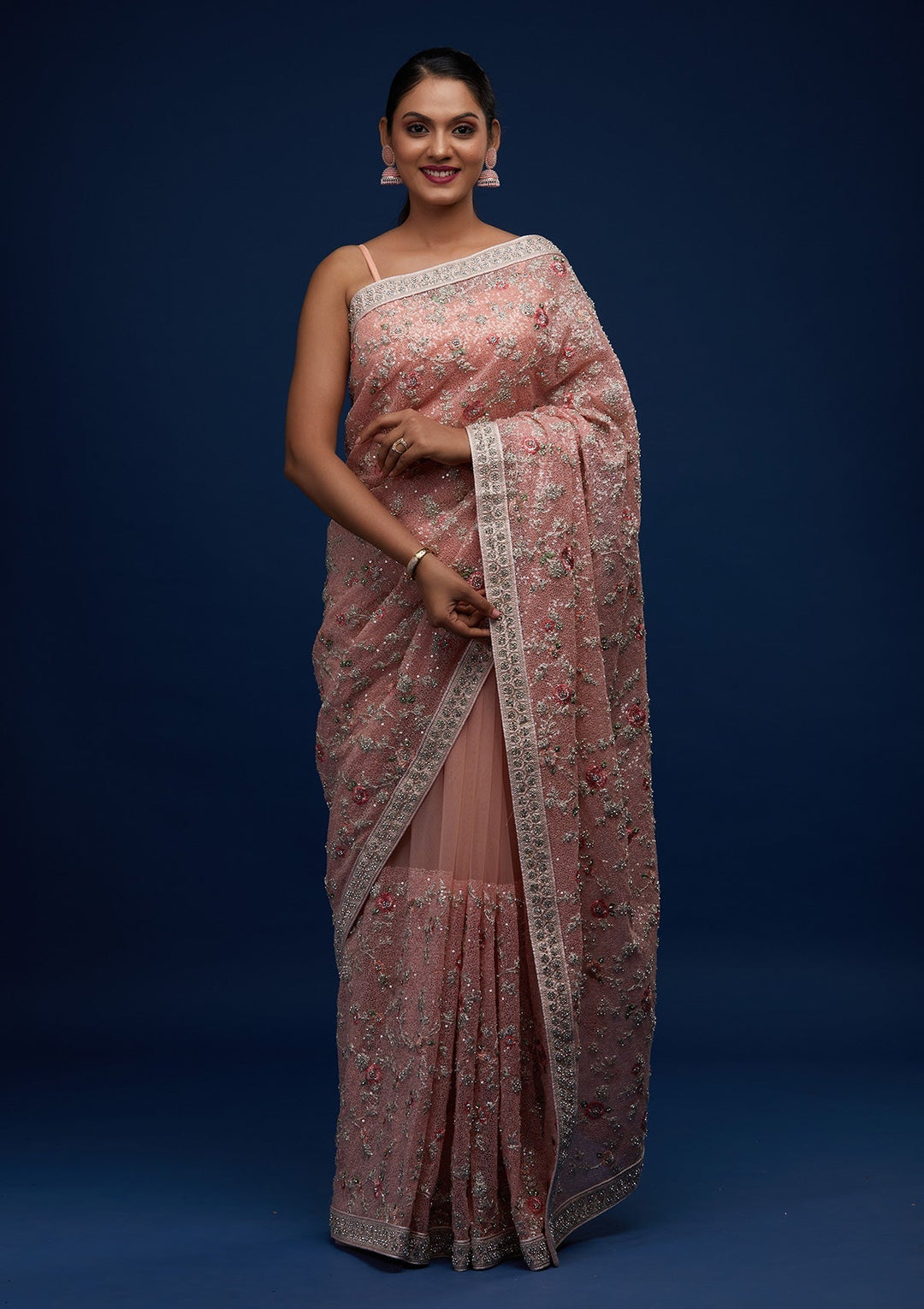 Peach Sequins Net Designer Saree - Koskii