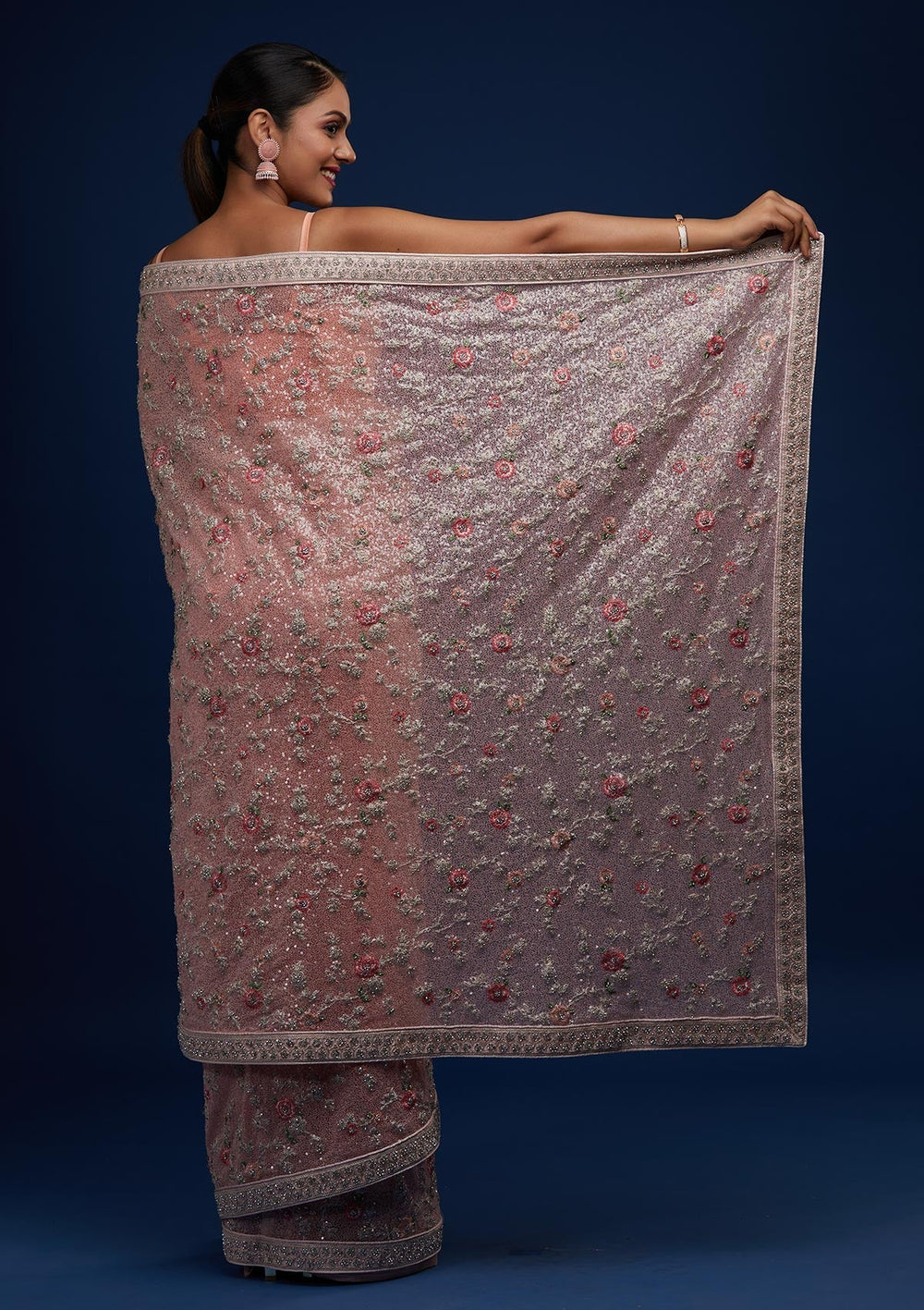 Peach Sequins Net Designer Saree - Koskii