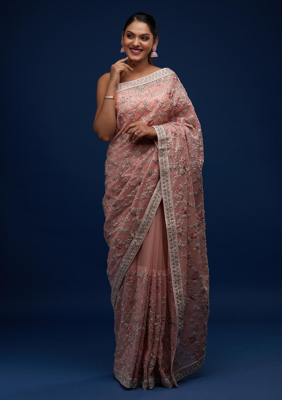 Peach Sequins Net Designer Saree - Koskii