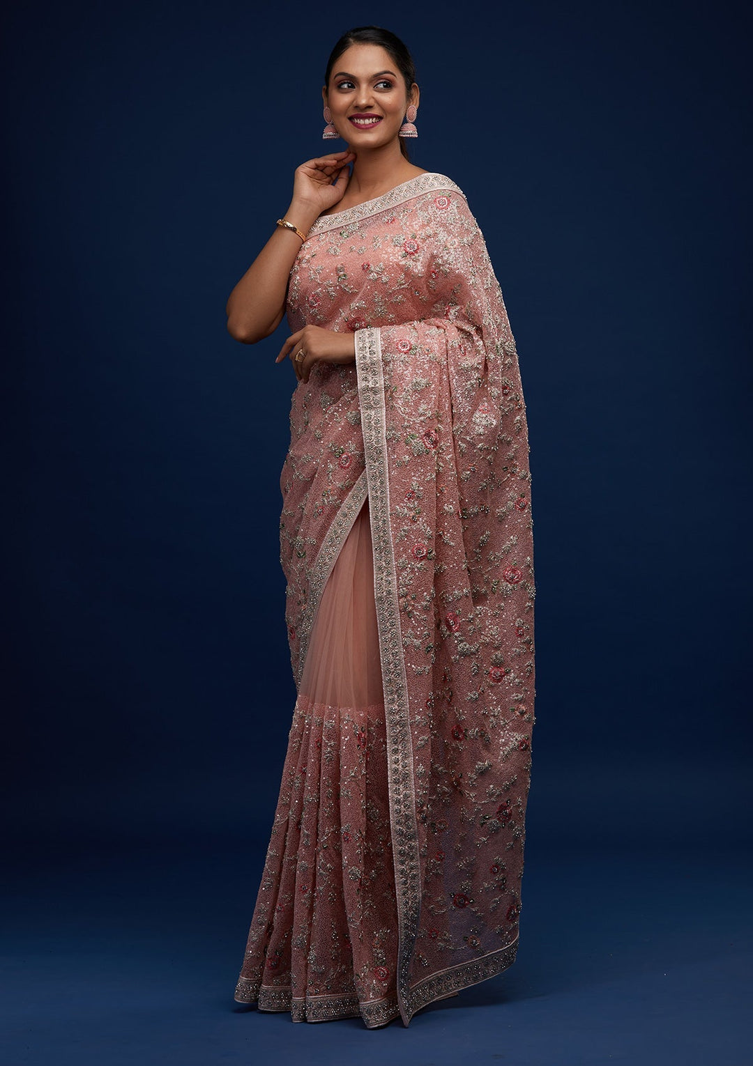 Peach Sequins Net Designer Saree - Koskii