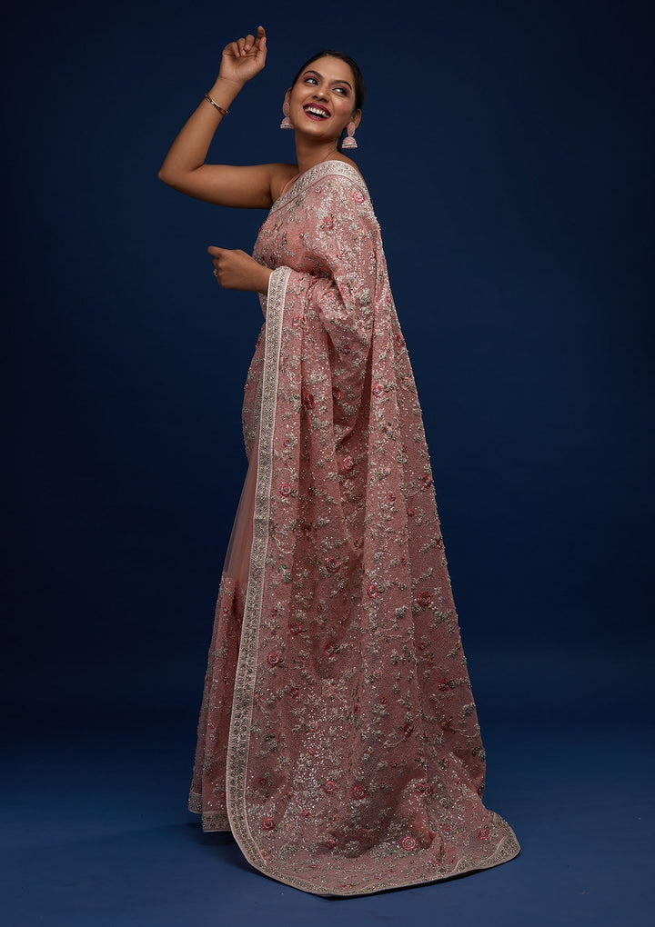 Peach Sequins Net Designer Saree - Koskii
