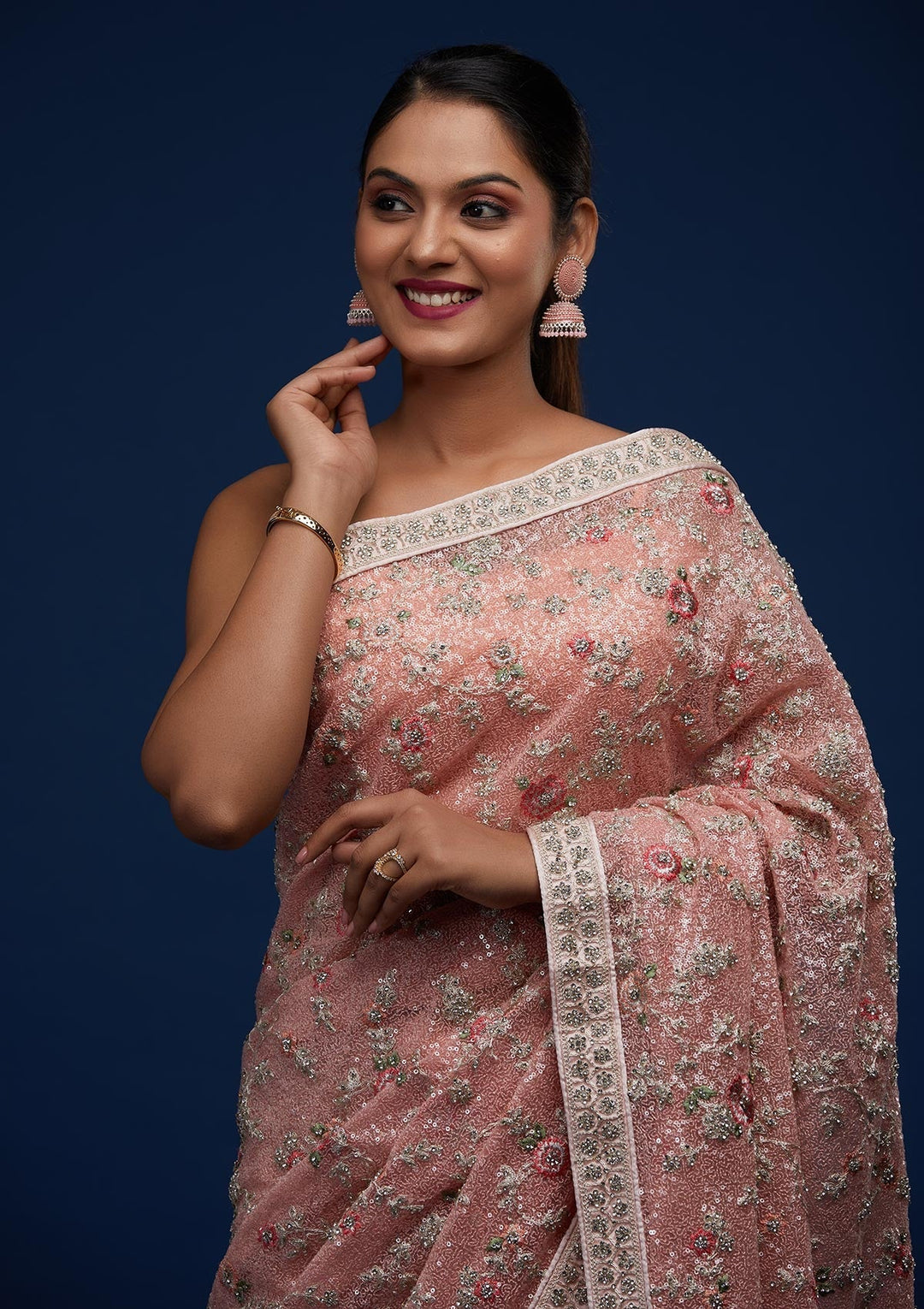 Peach Sequins Net Designer Saree - Koskii