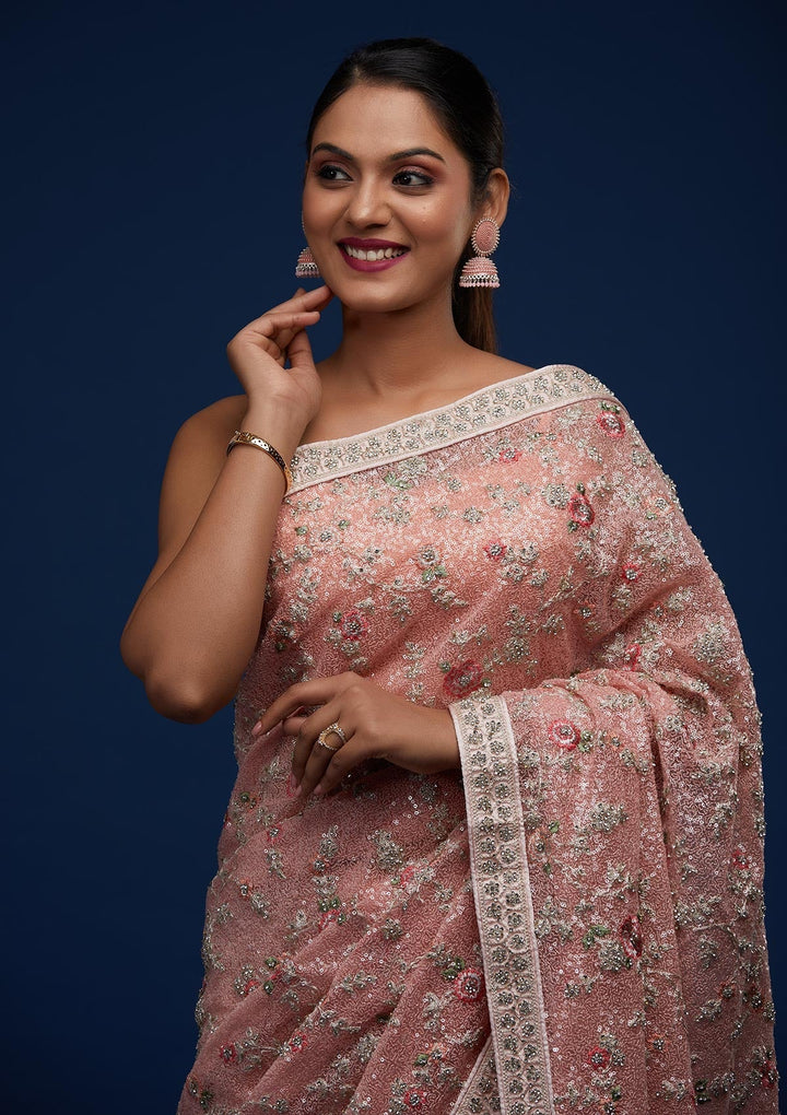 Peach Sequins Net Designer Saree - Koskii