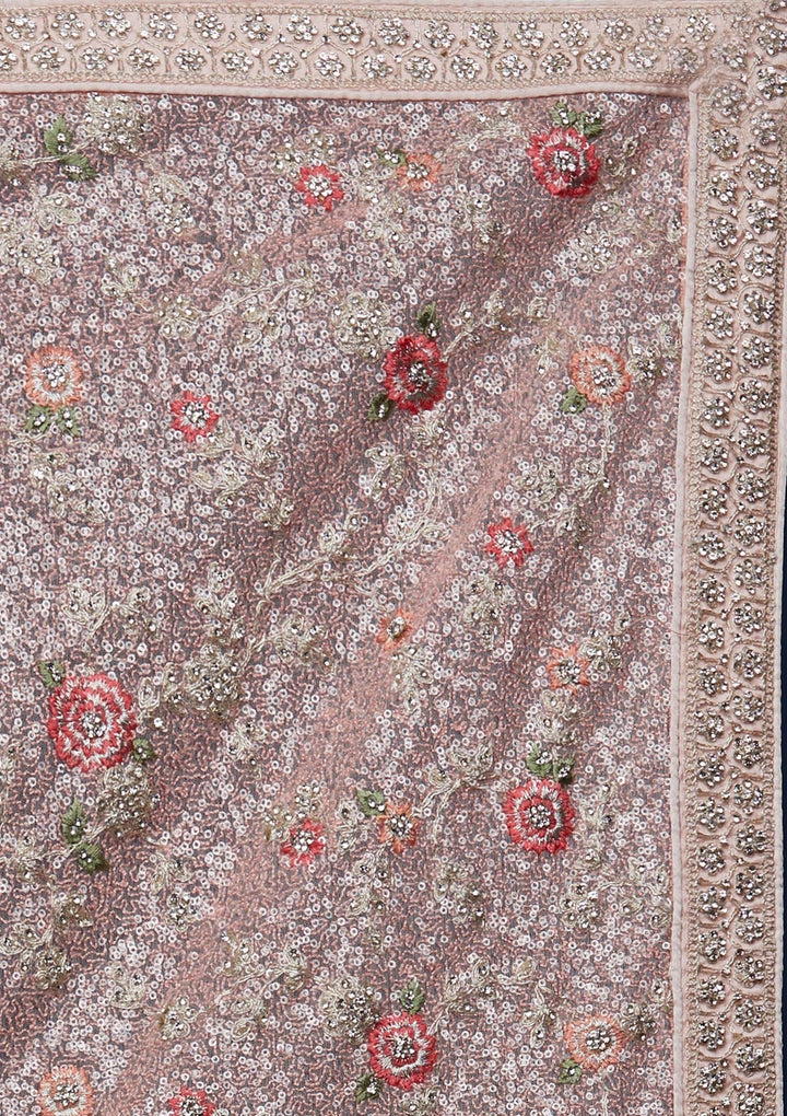 Peach Sequins Net Designer Saree - Koskii
