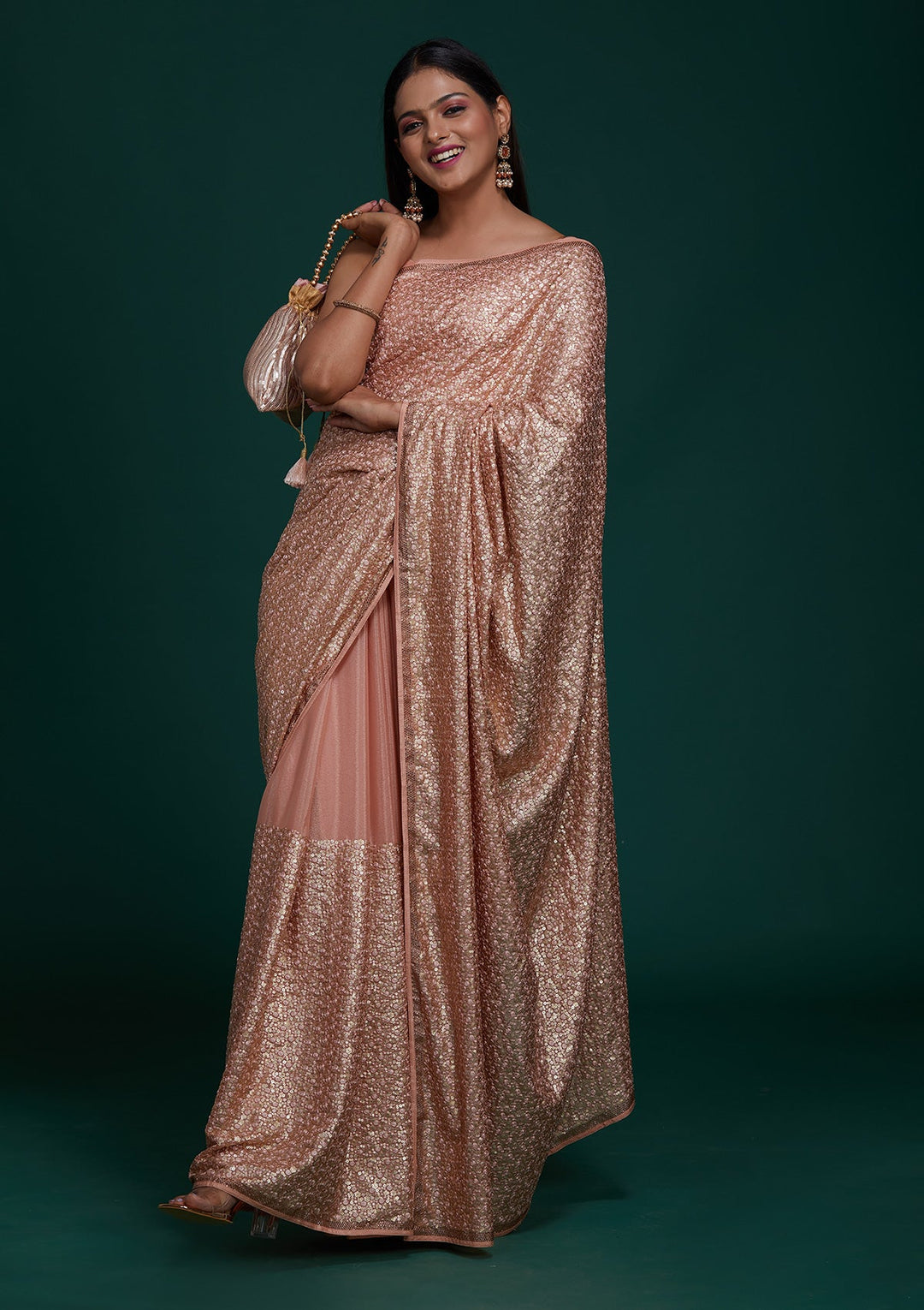 Peach Sequins Net Saree - Koskii