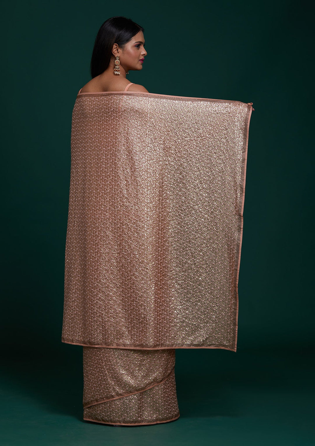 Peach Sequins Net Saree - Koskii