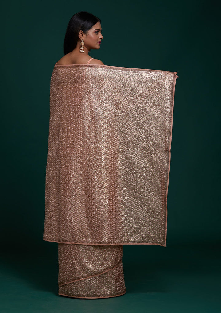 Peach Sequins Net Saree - Koskii