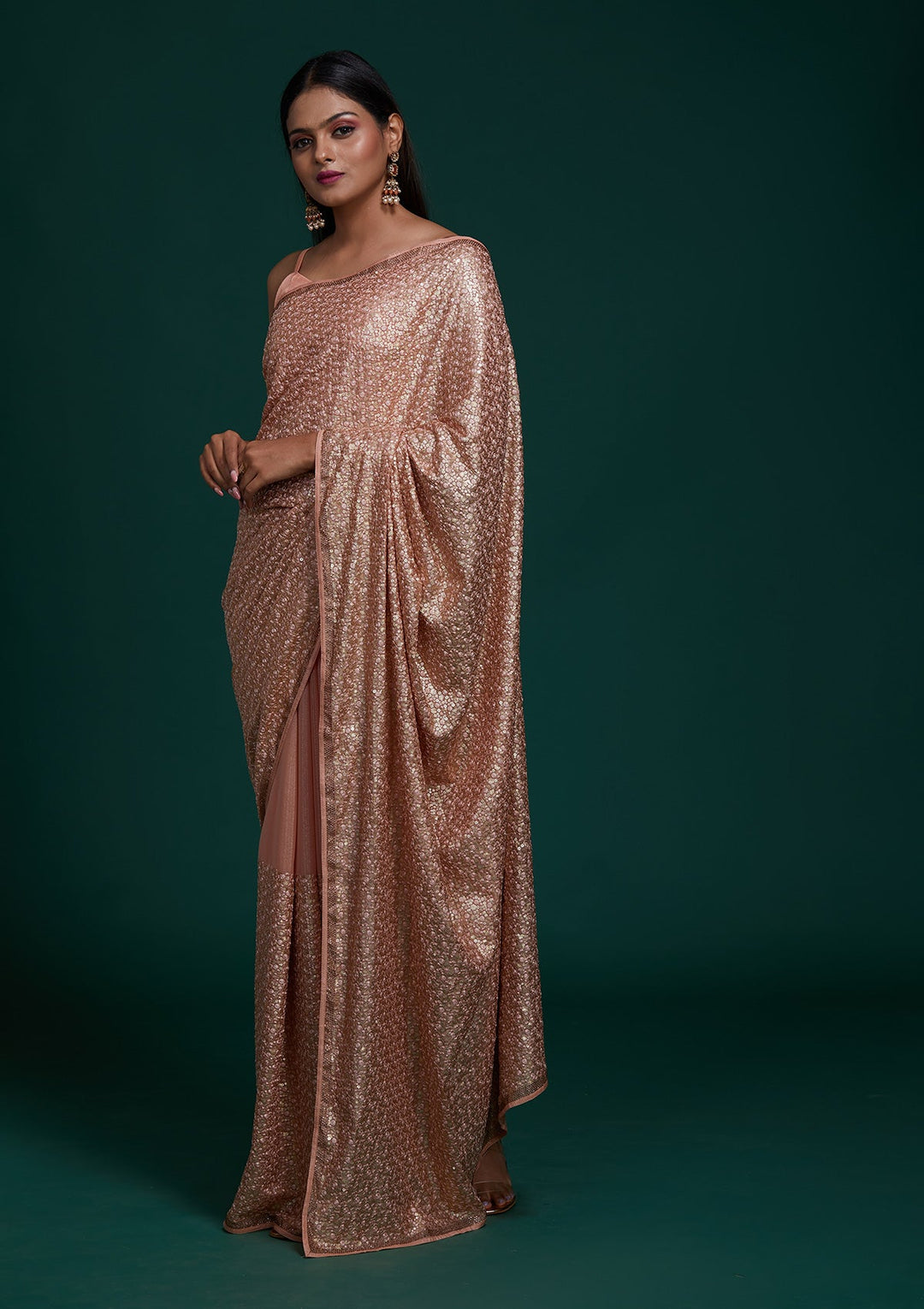 Peach Sequins Net Saree - Koskii