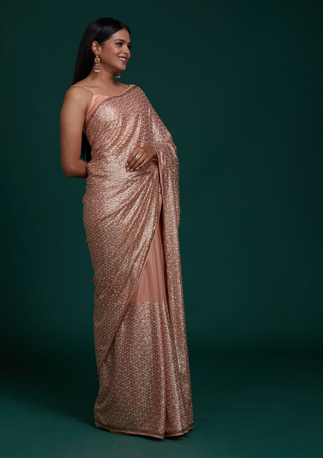 Peach Sequins Net Saree - Koskii