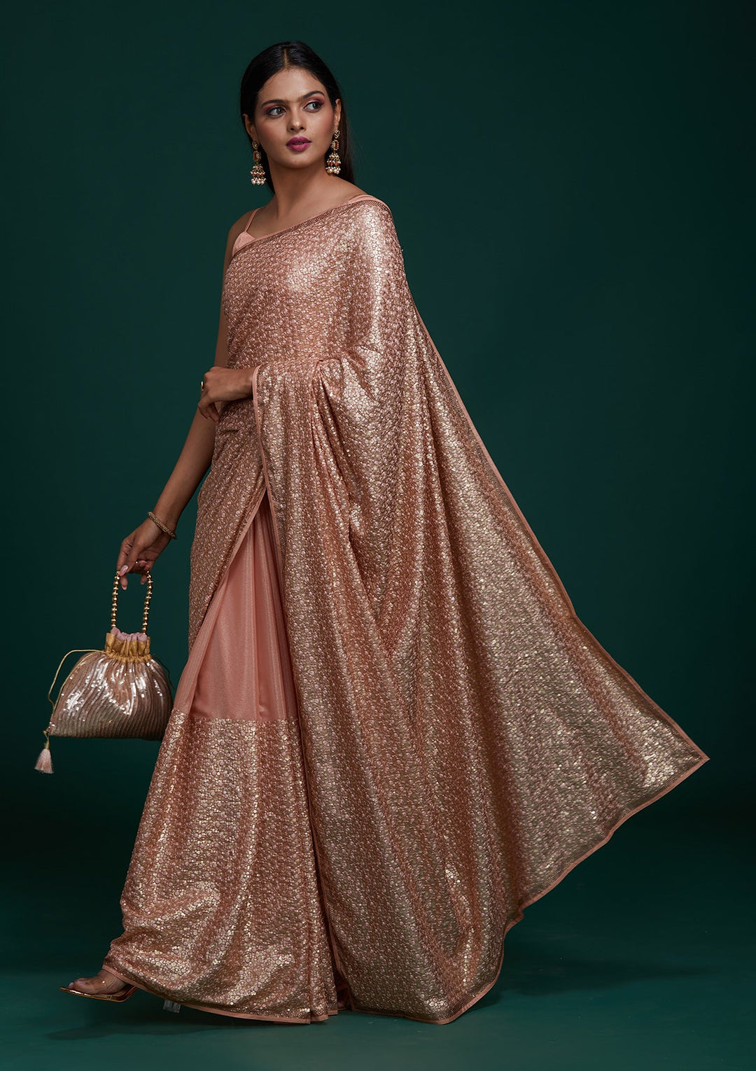 Peach Sequins Net Saree - Koskii