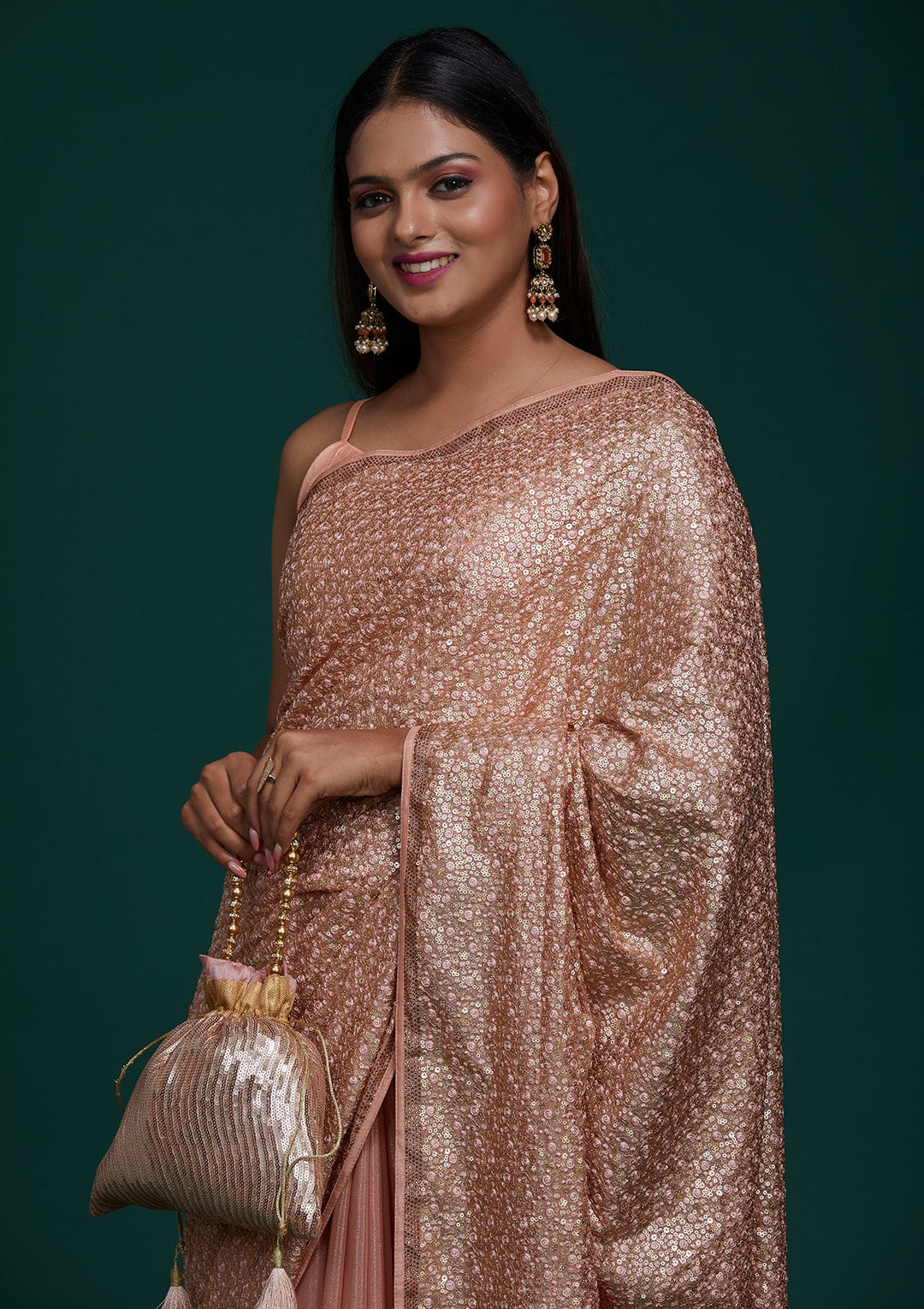 Peach Sequins Net Saree - Koskii