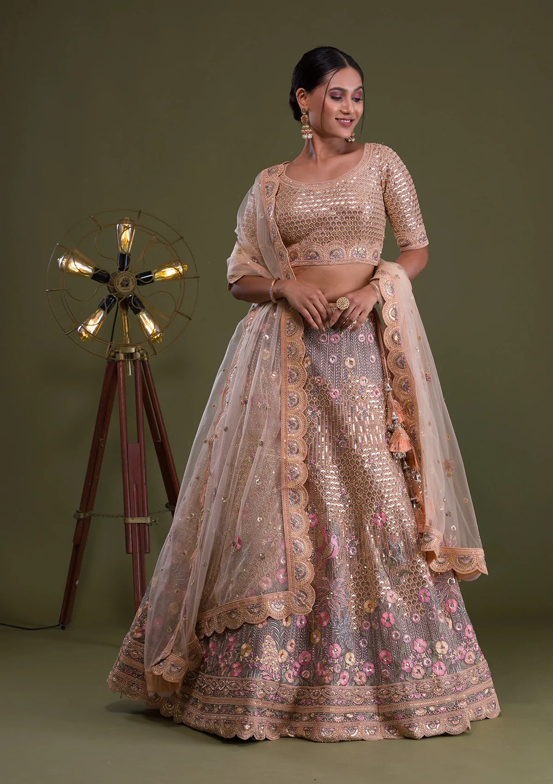 Peach Sequins Net Semi Stitched Lehenga-Koskii