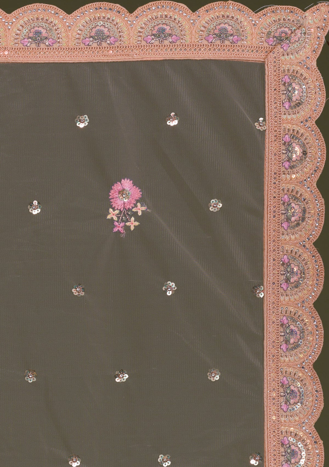 Peach Sequins Net Semi Stitched Lehenga-Koskii