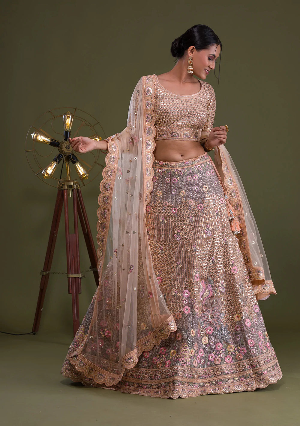 Peach Sequins Net Semi Stitched Lehenga-Koskii