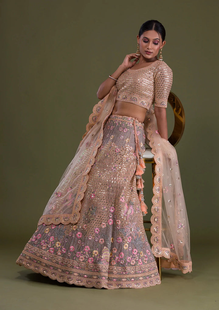 Peach Sequins Net Semi Stitched Lehenga-Koskii