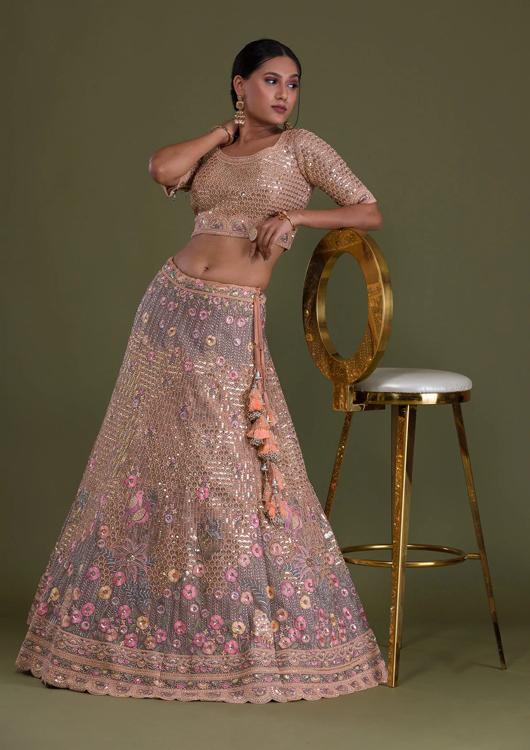 Peach Sequins Net Semi Stitched Lehenga-Koskii