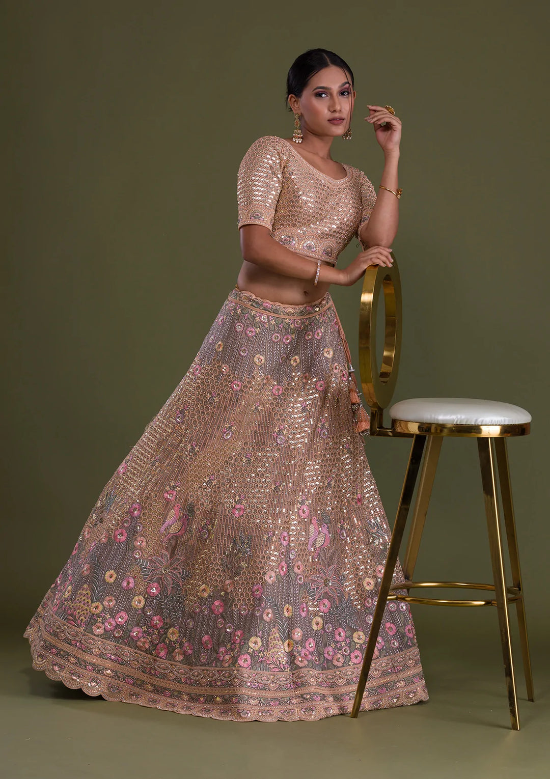 Peach Sequins Net Semi Stitched Lehenga-Koskii