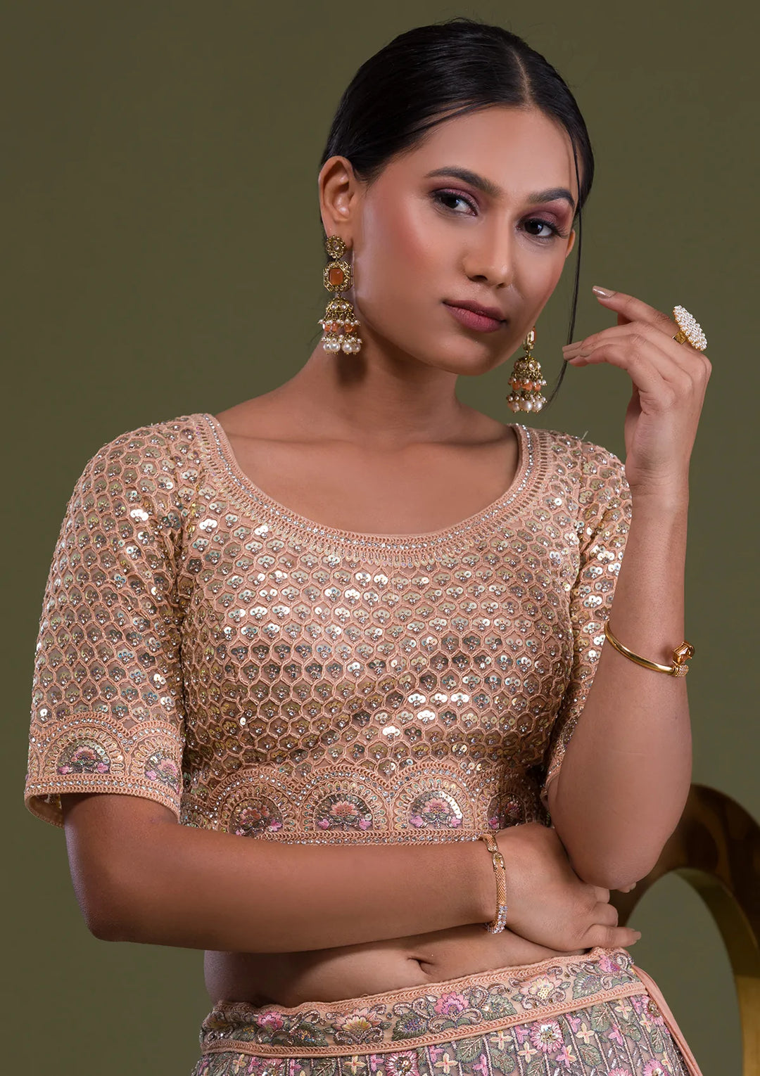 Peach Sequins Net Semi Stitched Lehenga-Koskii