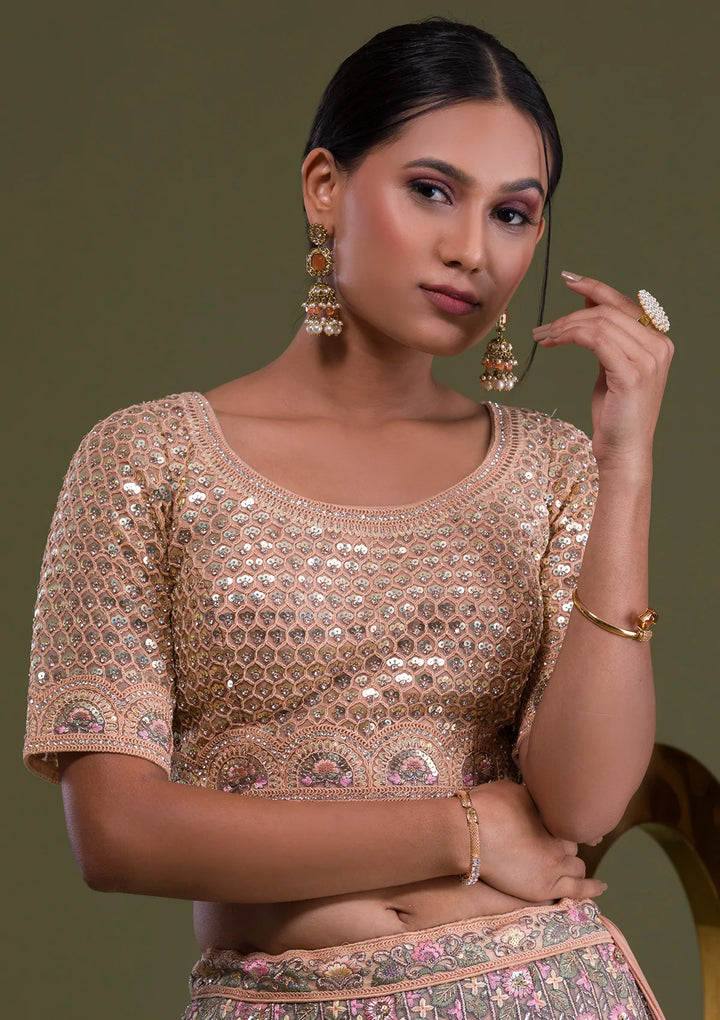 Peach Sequins Net Semi Stitched Lehenga-Koskii