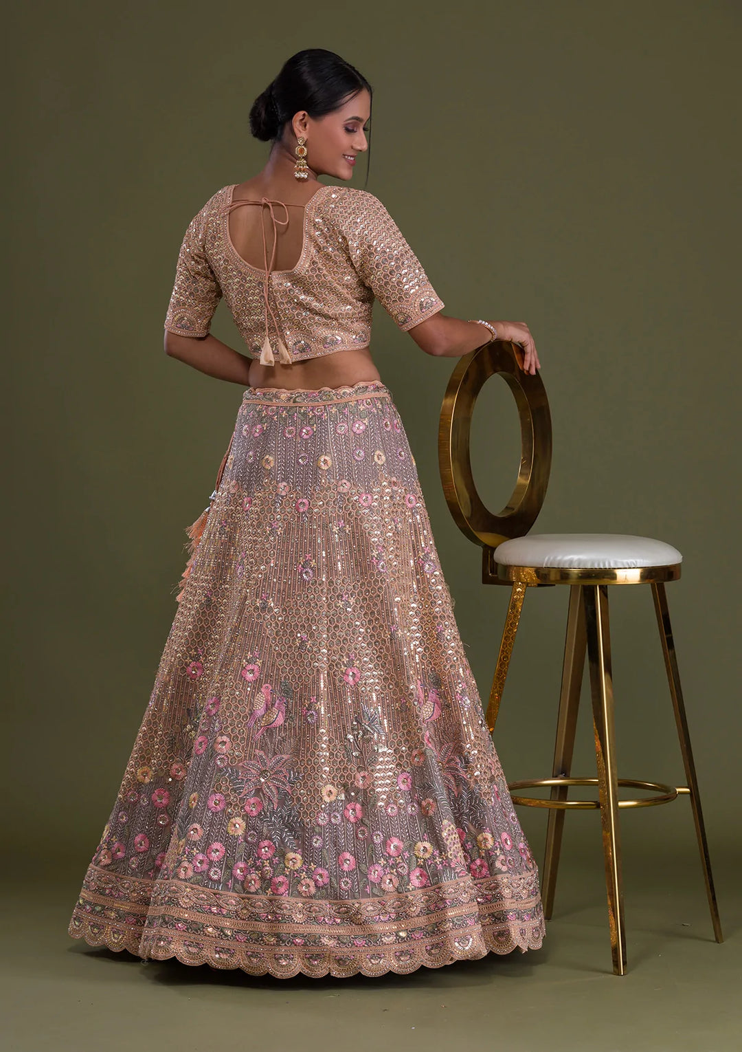 Peach Sequins Net Semi Stitched Lehenga-Koskii