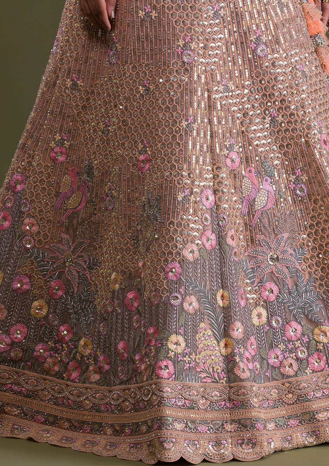 Peach Sequins Net Semi Stitched Lehenga-Koskii