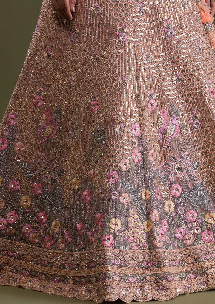Peach Sequins Net Semi Stitched Lehenga-Koskii