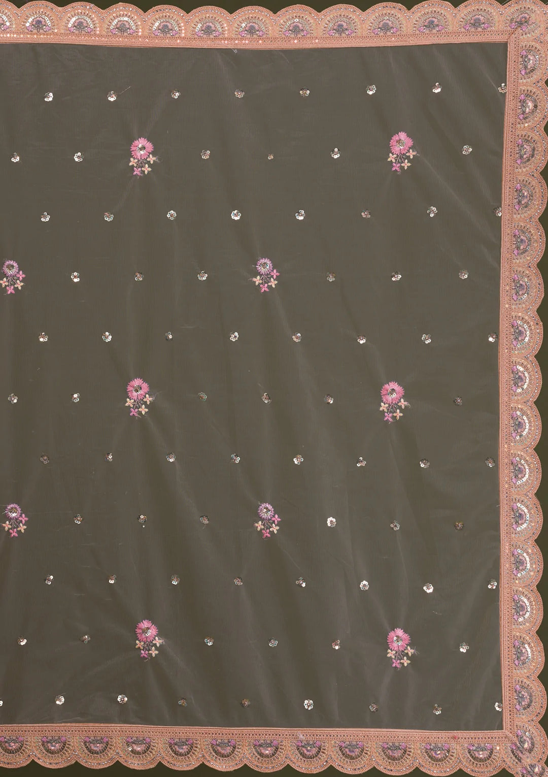 Peach Sequins Net Semi Stitched Lehenga-Koskii