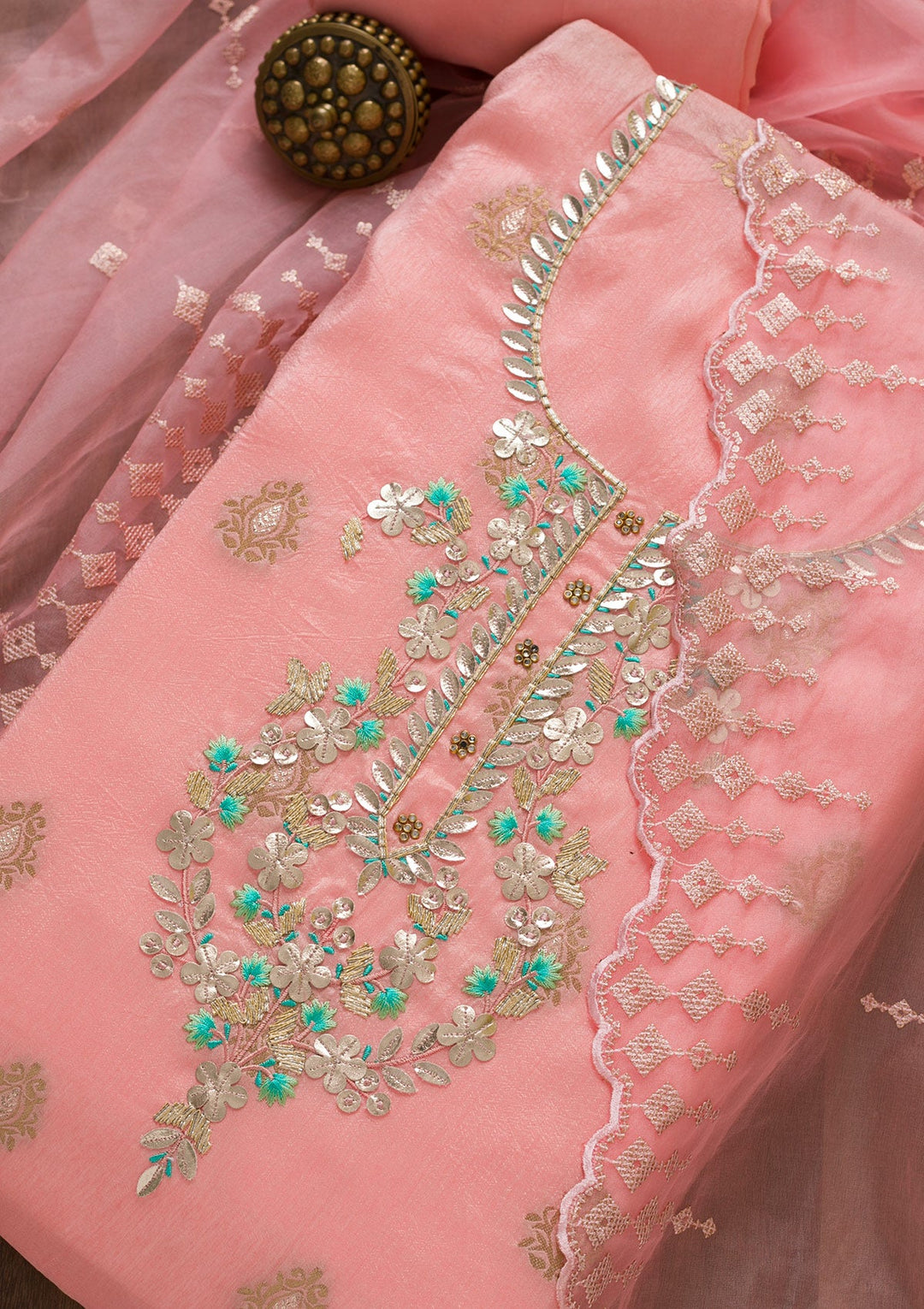 Peach Sequins Raw Silk Unstitched Salwar Suit-Koskii