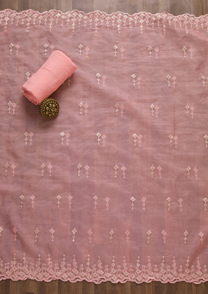 Peach Sequins Raw Silk Unstitched Salwar Suit-Koskii