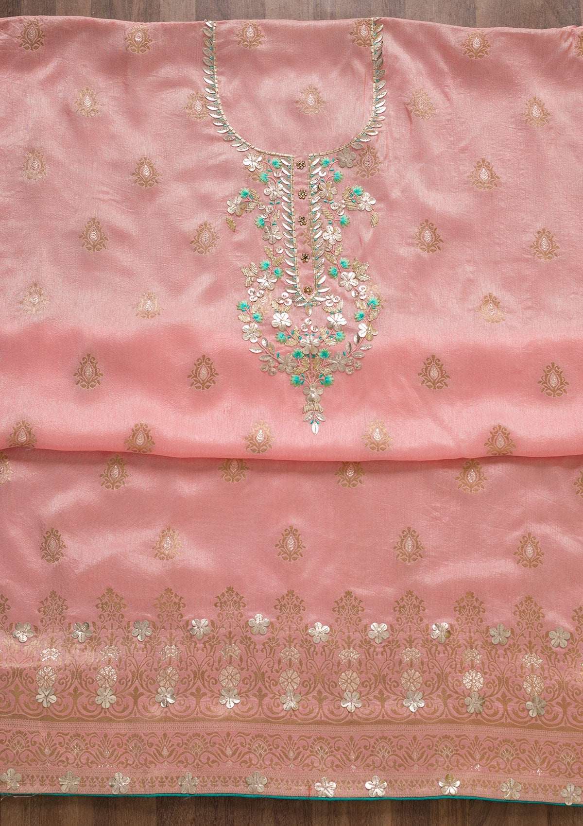 Peach Sequins Raw Silk Unstitched Salwar Suit-Koskii