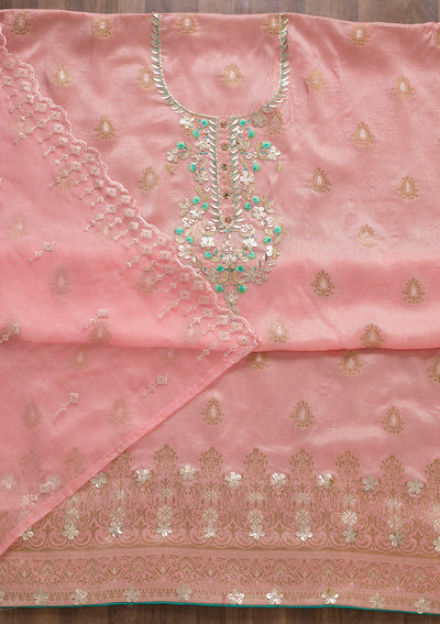 Peach Sequins Raw Silk Unstitched Salwar Suit-Koskii