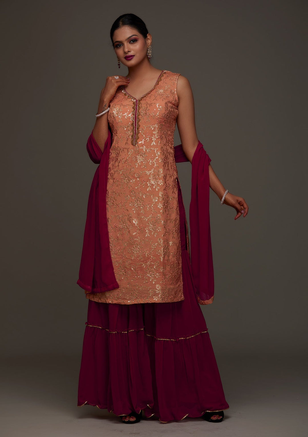 Peach Sequins Semi Crepe Designer Salwar Suit- Koskii