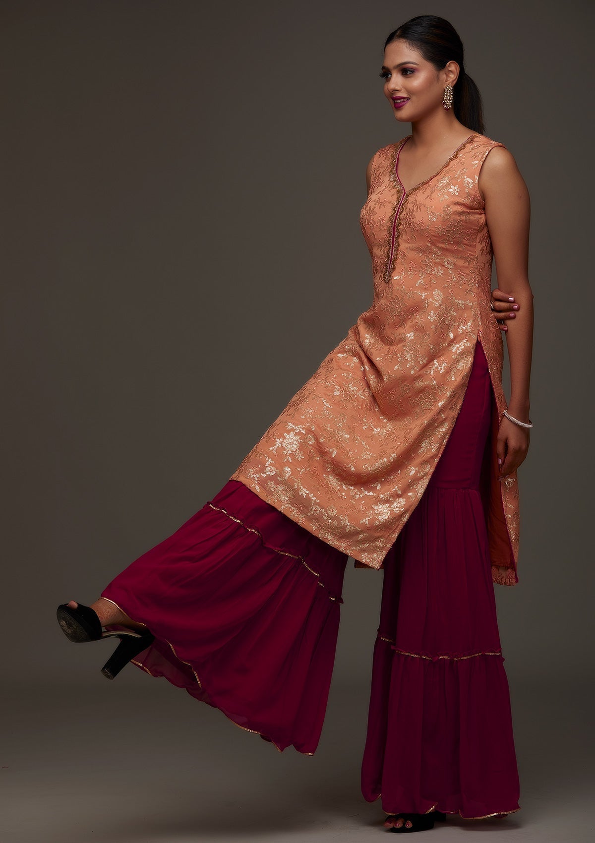 Peach Sequins Semi Crepe Designer Salwar Suit - Koskii