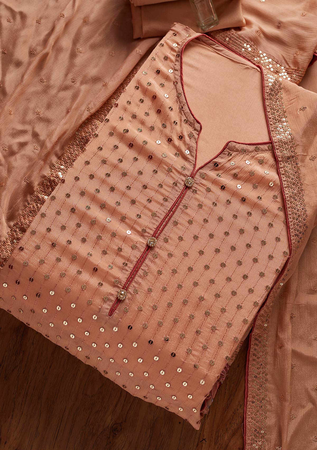 Peach Sequins Semi Crepe Designer Semi-Stitched Salwar Suit - koskii