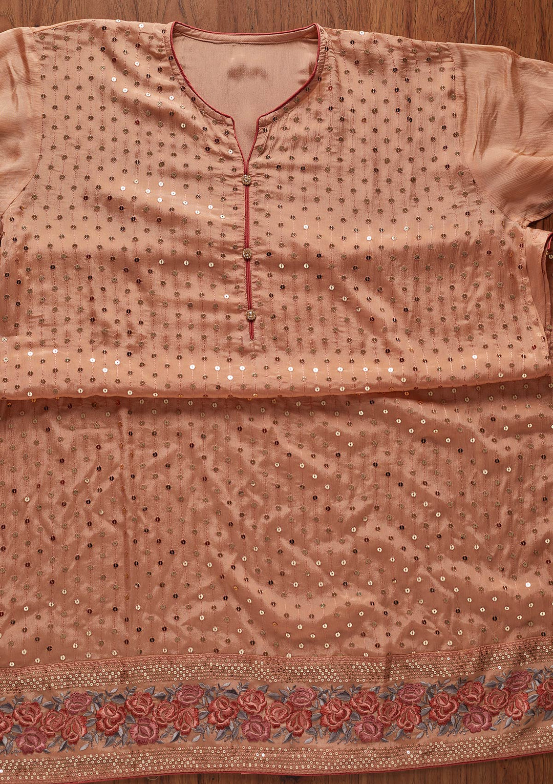 Peach Sequins Semi Crepe Designer Semi-Stitched Salwar Suit - koskii