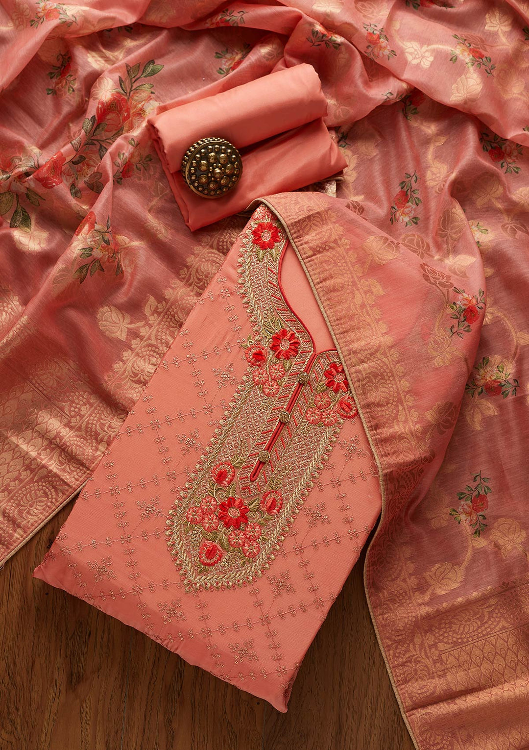 Peach Sequins Semi Crepe Designer Unstitched Salwar Suit - koskii
