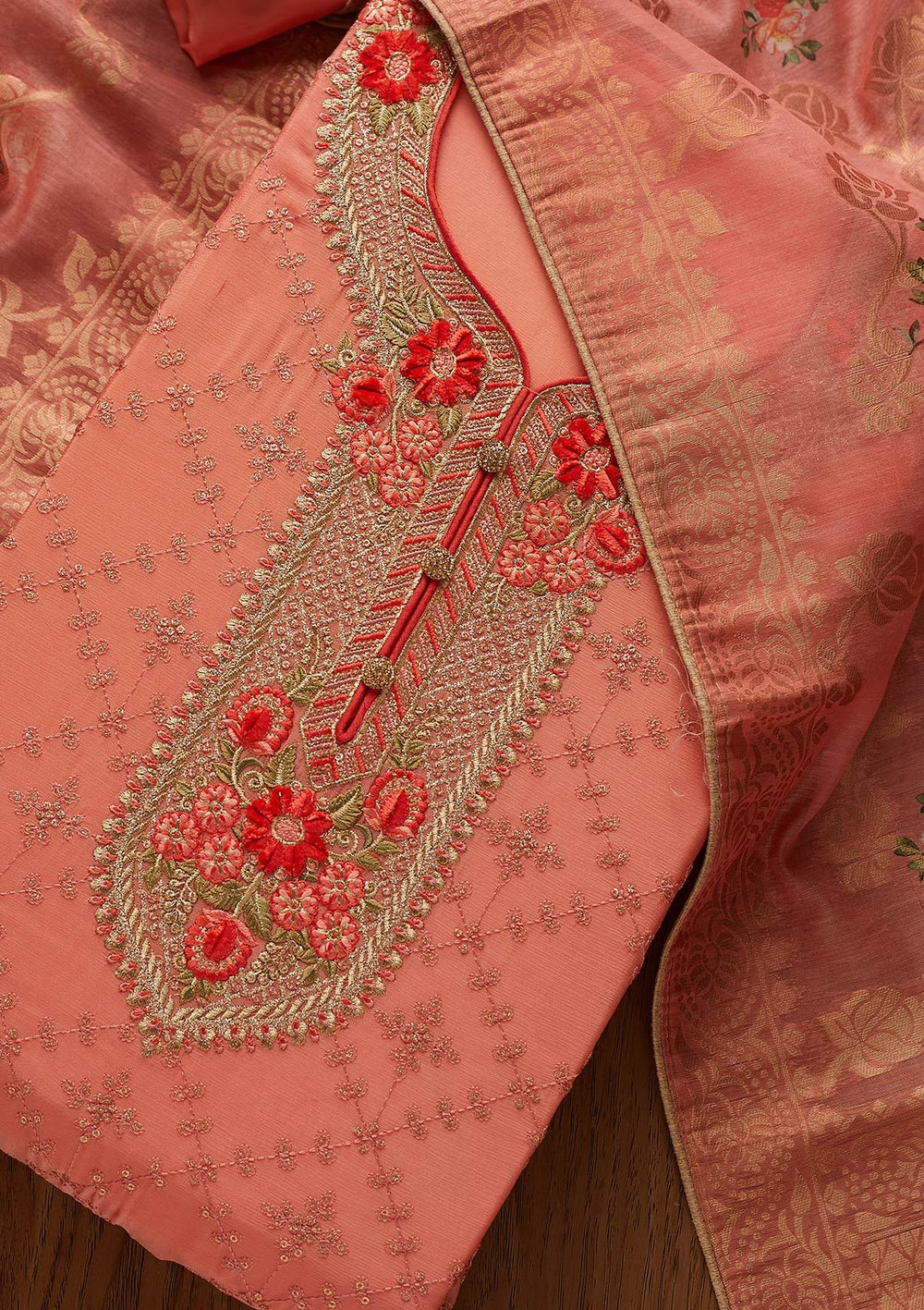 Peach Sequins Semi Crepe Designer Unstitched Salwar Suit - koskii