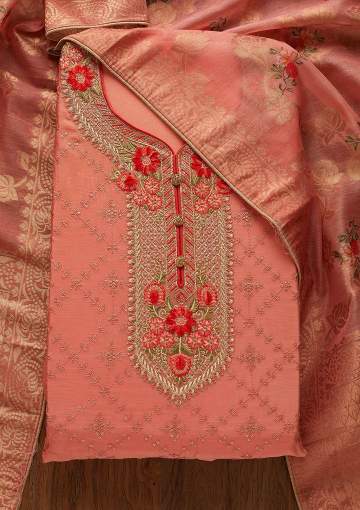Peach Sequins Semi Crepe Designer Unstitched Salwar Suit - koskii