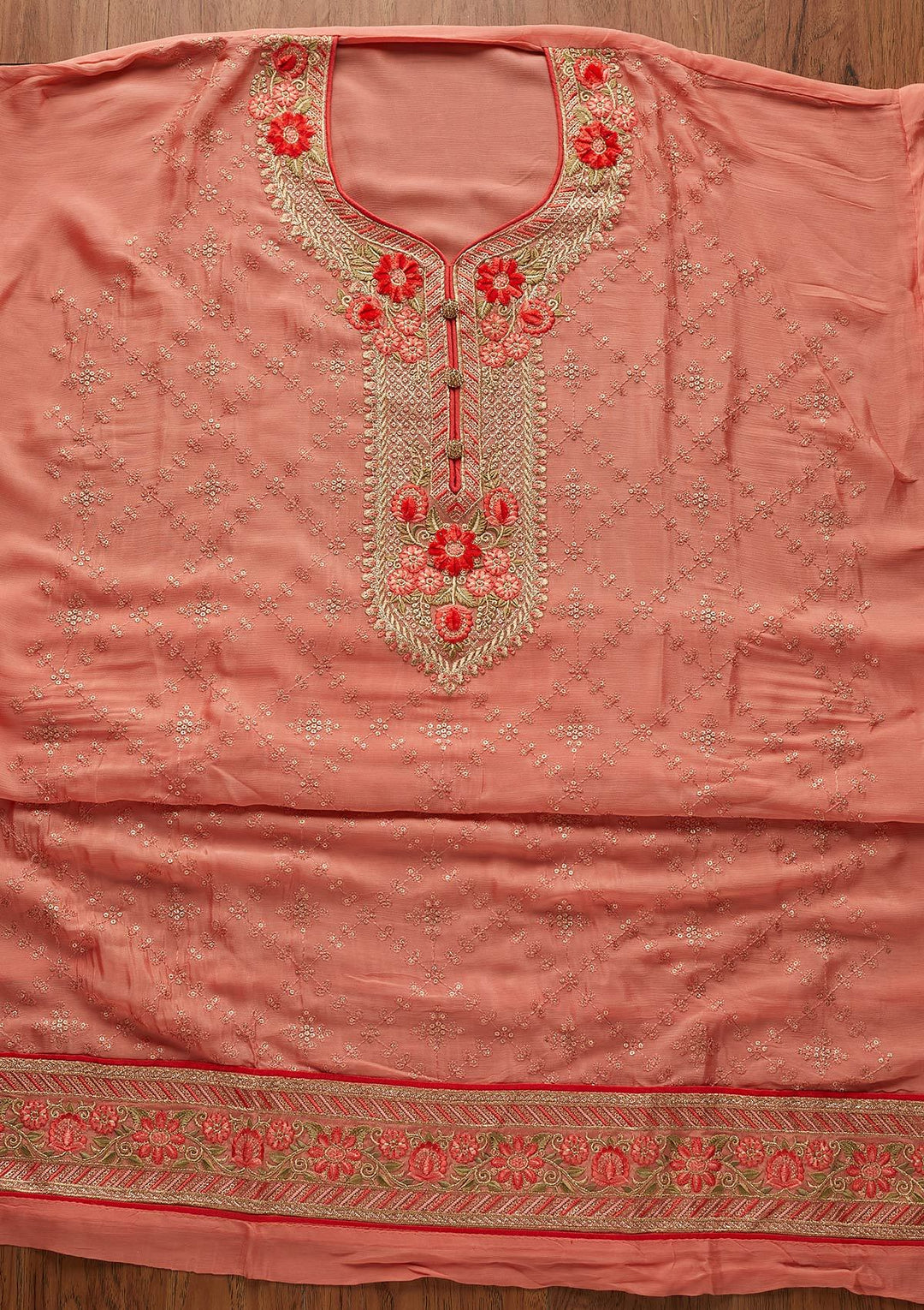 Peach Sequins Semi Crepe Designer Unstitched Salwar Suit - koskii