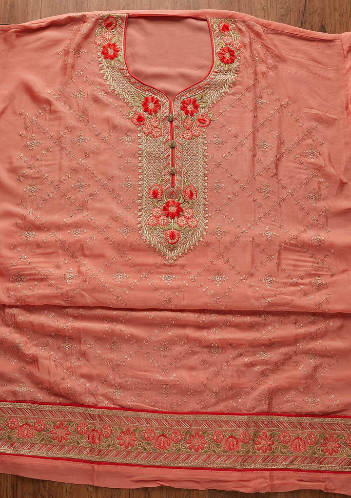 Peach Sequins Semi Crepe Designer Unstitched Salwar Suit - koskii