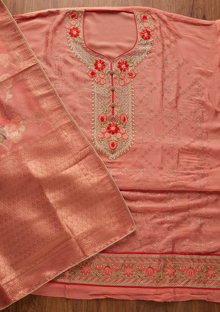 Peach Sequins Semi Crepe Designer Unstitched Salwar Suit - koskii
