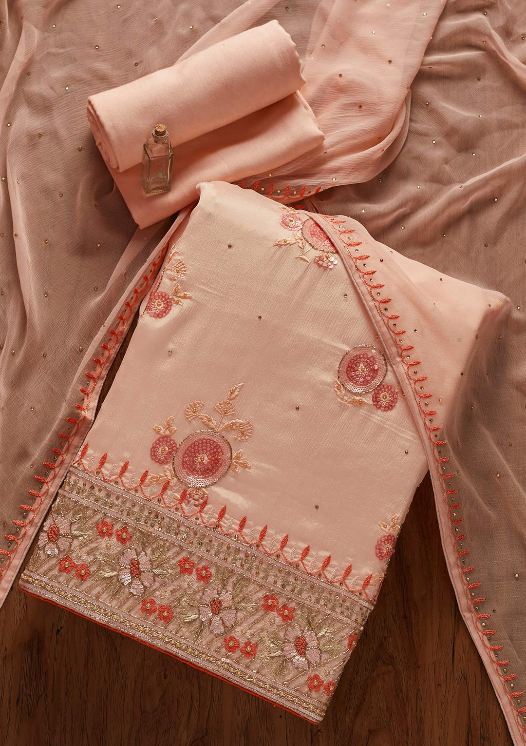 Peach Sequins Semi Crepe Designer Unstitched Salwar Suit - koskii