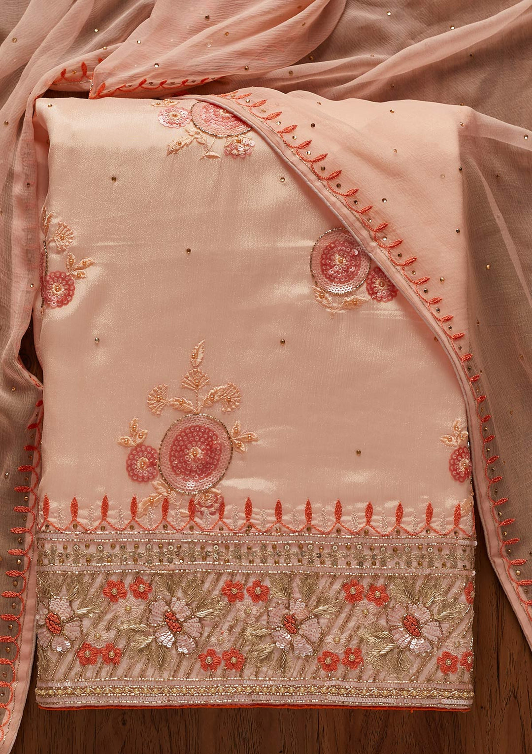 Peach Sequins Semi Crepe Designer Unstitched Salwar Suit - koskii