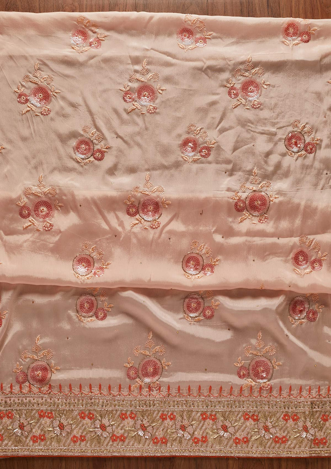 Peach Sequins Semi Crepe Designer Unstitched Salwar Suit - koskii