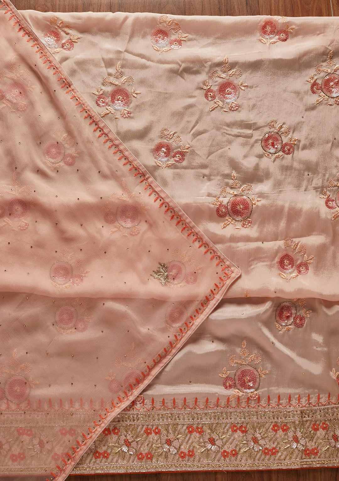 Peach Sequins Semi Crepe Designer Unstitched Salwar Suit - koskii