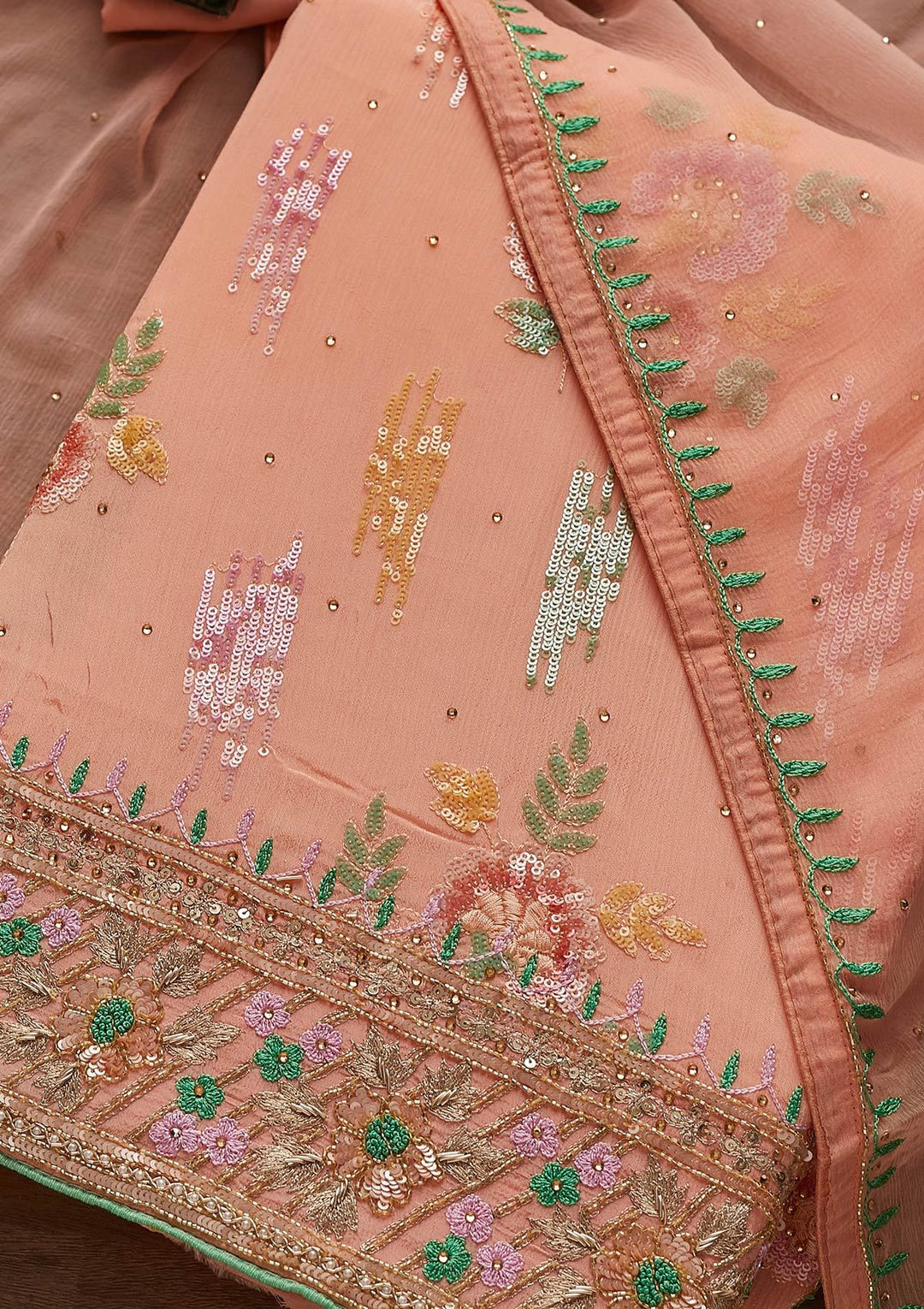 Peach Sequins Semi Crepe Designer Unstitched Salwar Suit - Koskii