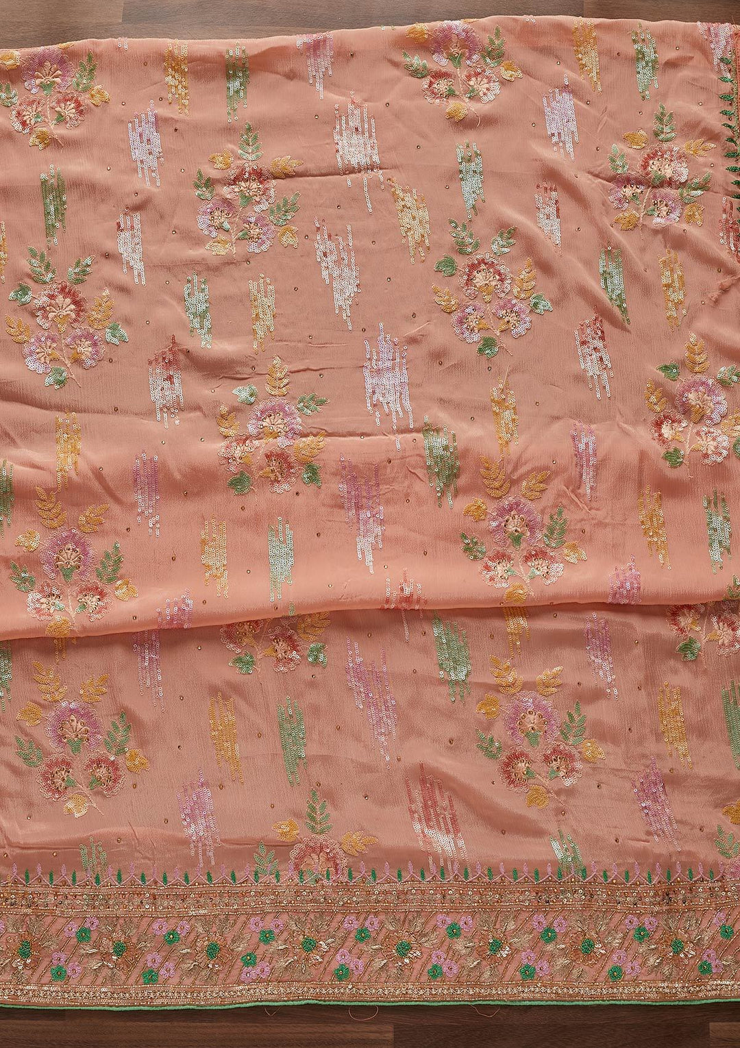 Peach Sequins Semi Crepe Designer Unstitched Salwar Suit - Koskii