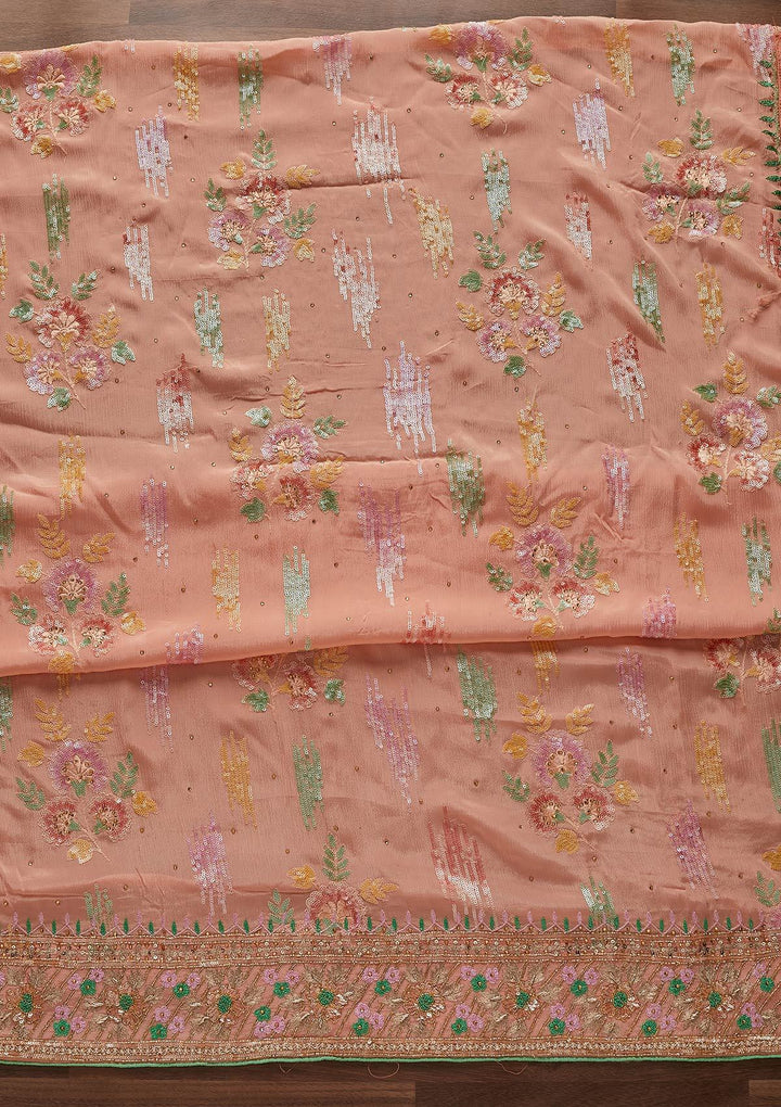 Peach Sequins Semi Crepe Designer Unstitched Salwar Suit - Koskii