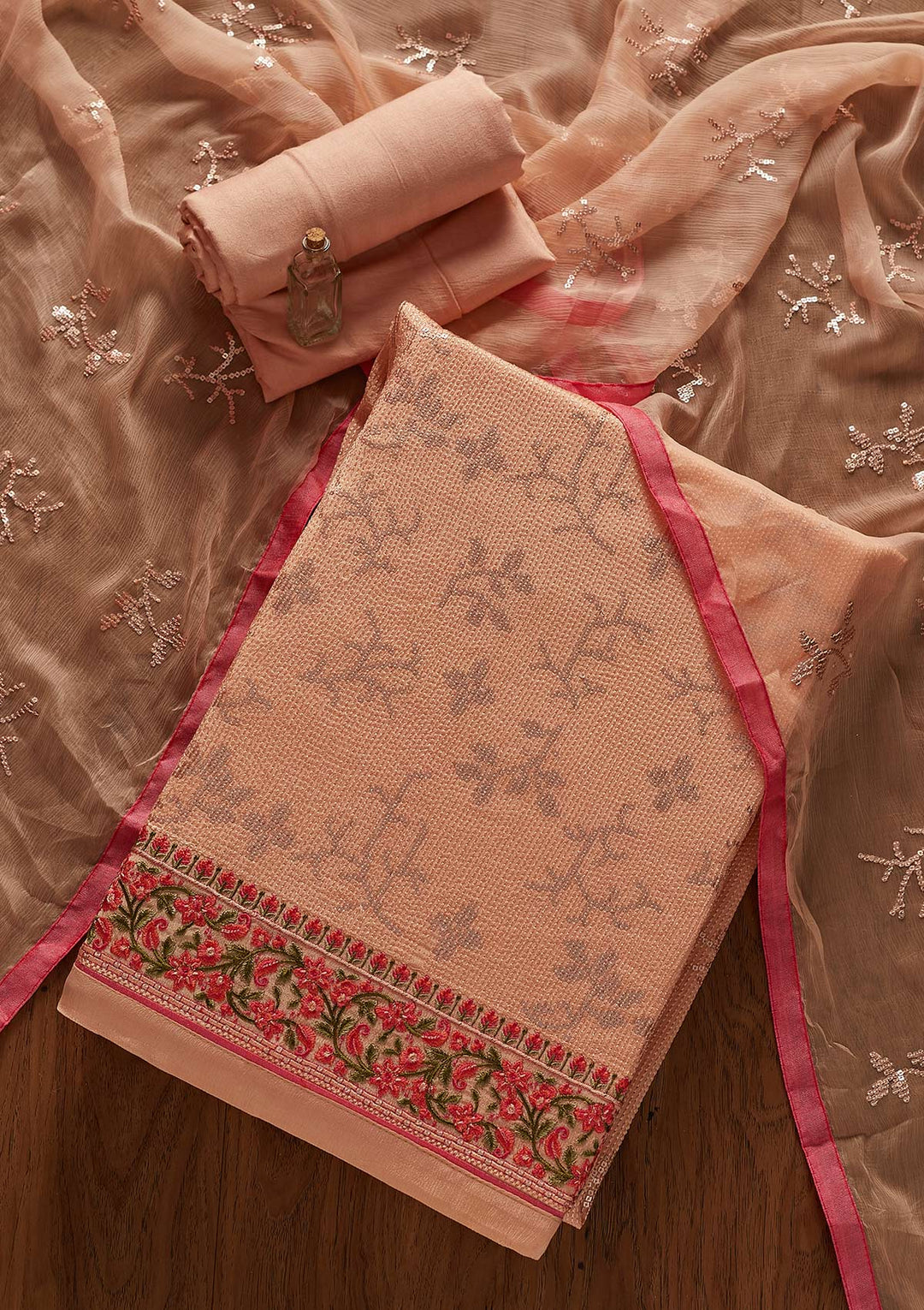 Peach Sequins Semi Crepe Designer Unstitched Salwar Suit - koskii