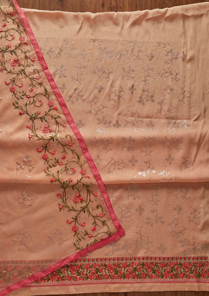 Peach Sequins Semi Crepe Designer Unstitched Salwar Suit - koskii
